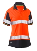 Taped Two Tone Hi Vis V-Neck Polyester Short Sleeve Polo Shirt - Women - Orange/Navy
