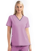 Matrix Impulse Contrast Curved V Neck Scrub Top - Women - Orchid Bouquet/Navy Trim