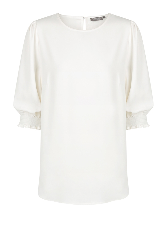 Lola 3/4 Sleeve Shirred Cuff Luxe Twill Top - Ivory