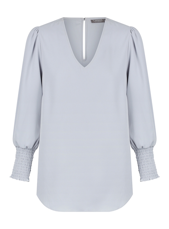 Cleo V Neck Shirred Cuff Luxe Twill Top - Silver