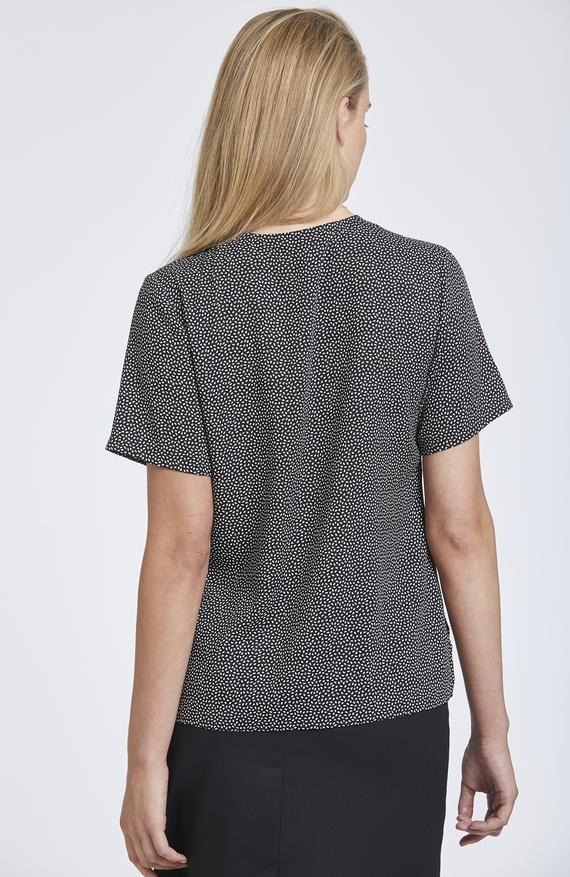 Speckle Print Collarless Top with Gathered Neckline