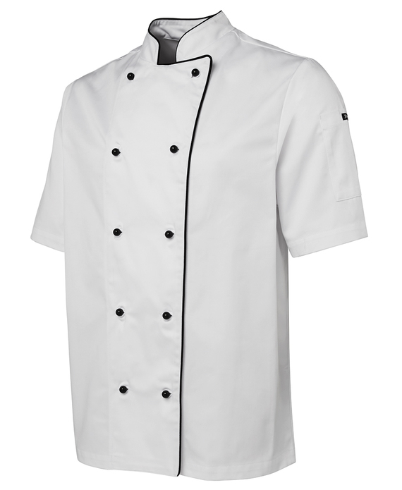 Short Sleeve Polycotton Chef Jackets - Unisex - White/Black Piping