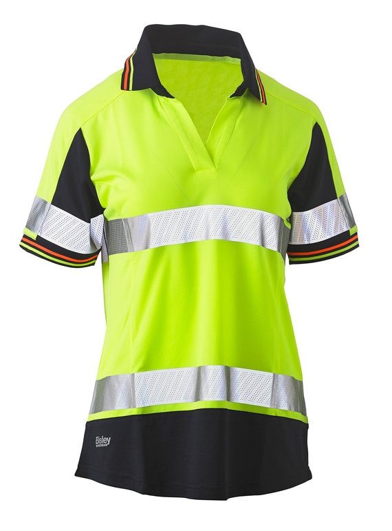 Taped Two Tone Hi Vis V-Neck Polyester Short Sleeve Polo Shirt - Women - Yellow/Navy