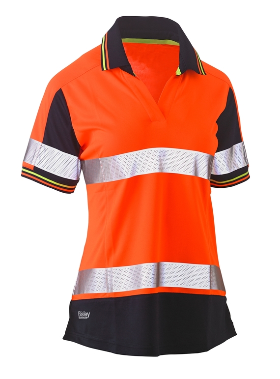 Taped Two Tone Hi Vis V-Neck Polyester Short Sleeve Polo Shirt - Women - Orange/Navy
