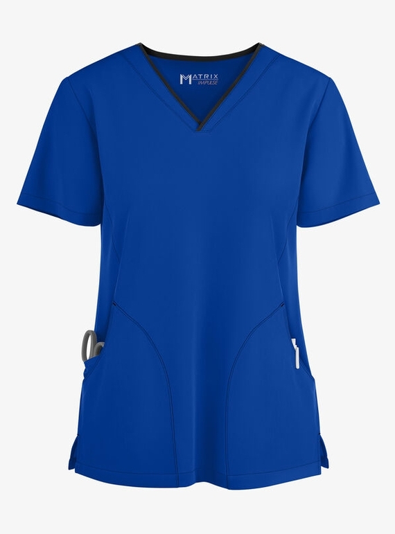 Matrix Impulse Contrast Curved V Neck Scrub Top - Women - Royal/Black Trim